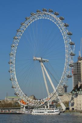 London Eye view from river, boat below. Get official entry & multi-attraction ticket bundles for London's iconic landmark.