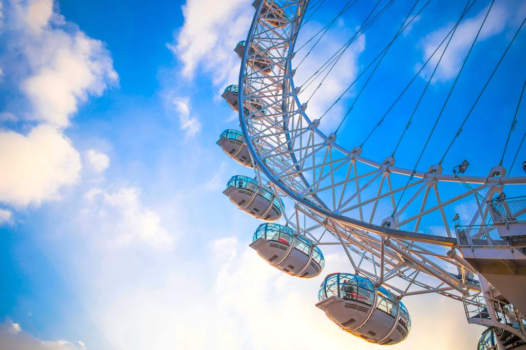 London Eye view with blue sky & clouds. Explore London with official entry & multi-attraction ticket bundles.